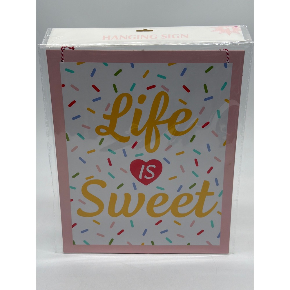 Life Is Sweet Hanging Sign Wall Decor Pink Sprinkle Pattern Bakery Kitchen Art